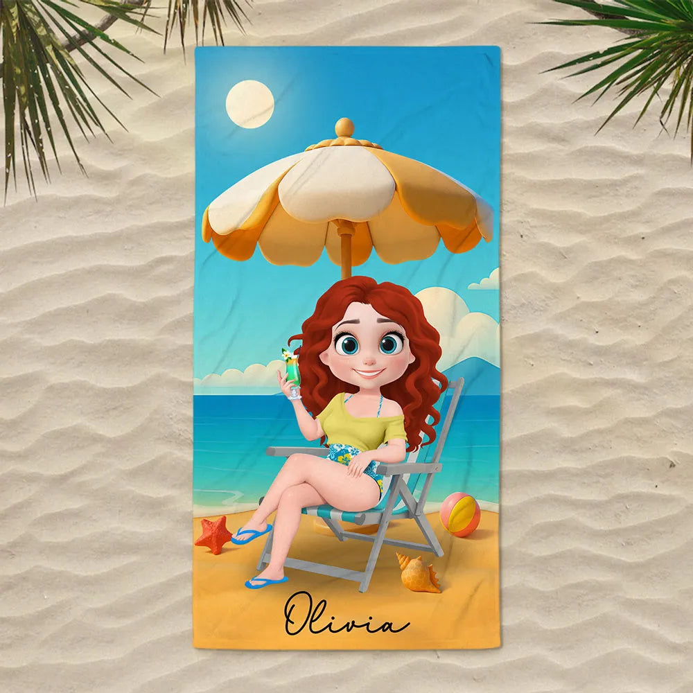 Custom Cartoon Beach Towel – Relax & Sip Under the Sun, Perfect Gift for Wife