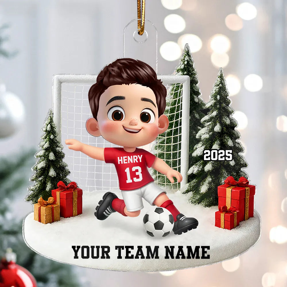 Soccer Kid Acrylic Ornament - Festive Winter Goal Scene, Customizable, Unique Christmas Gift for Young Players & Parents