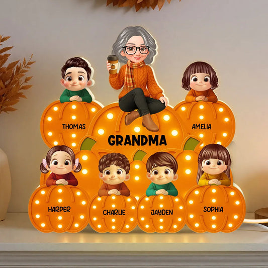 Personalized Acrylic Light Box for Grandma and Grandkids, pumpkin stack design, warm glow, fall décor keepsake, perfect gift for Halloween and Thanksgiving