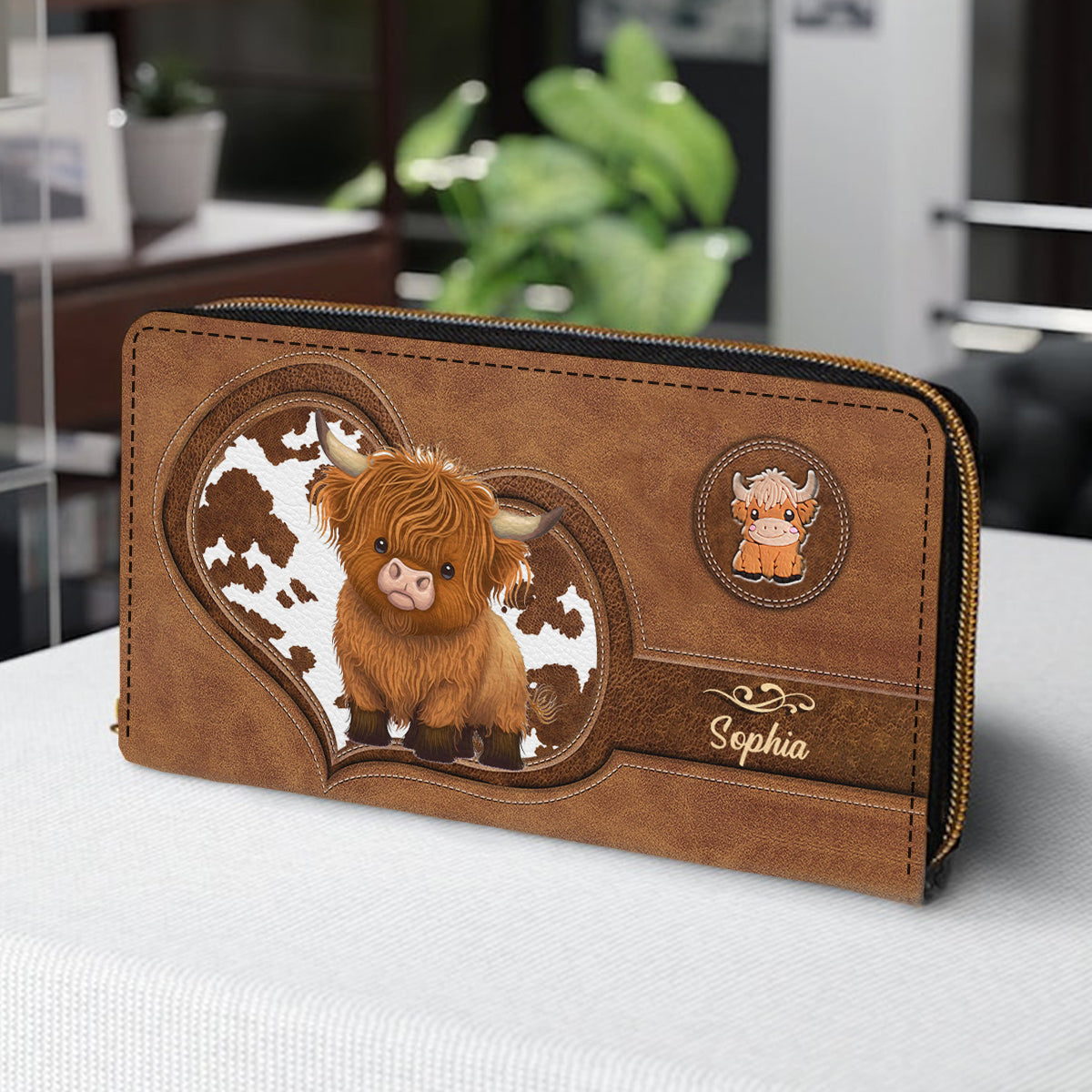 Cute Highland Cow - Personalized Highland Cow Leather Long Wallet