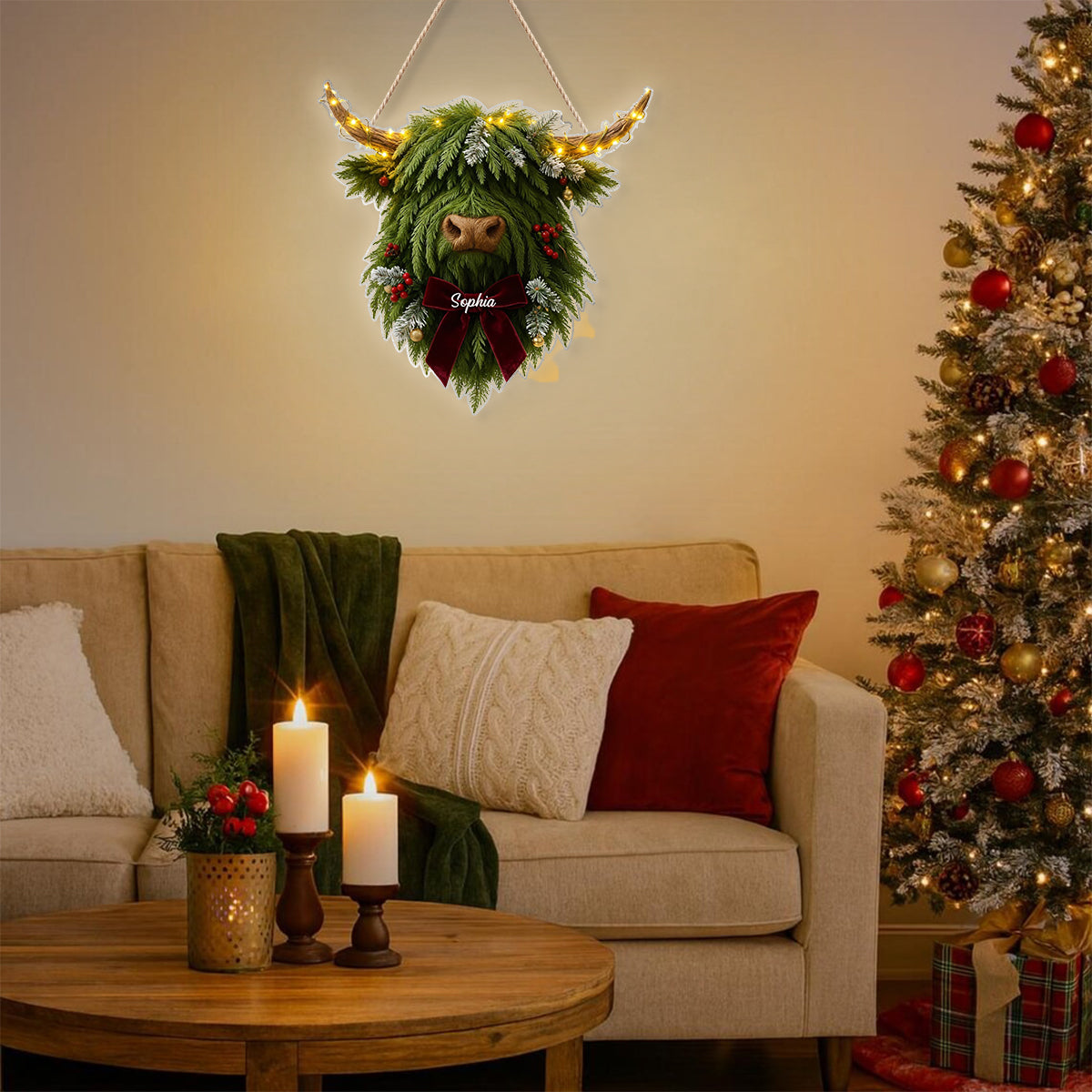 Highland Cow Wreath - Personalized Highland Cow LED Light Acrylic Sign