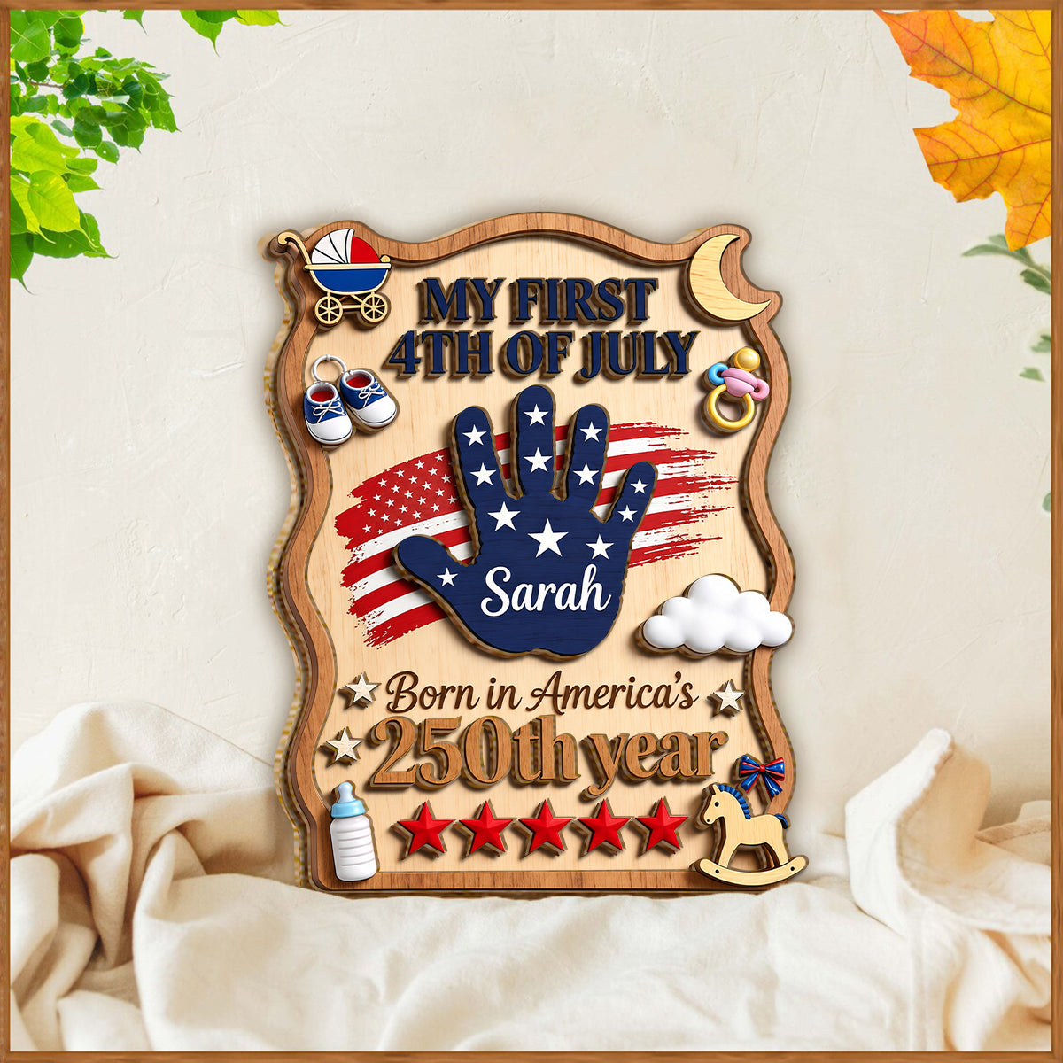 Born In America's 250th Year - Personalized Baby Shower 2 Layered Wood Sign / Wood Plaque