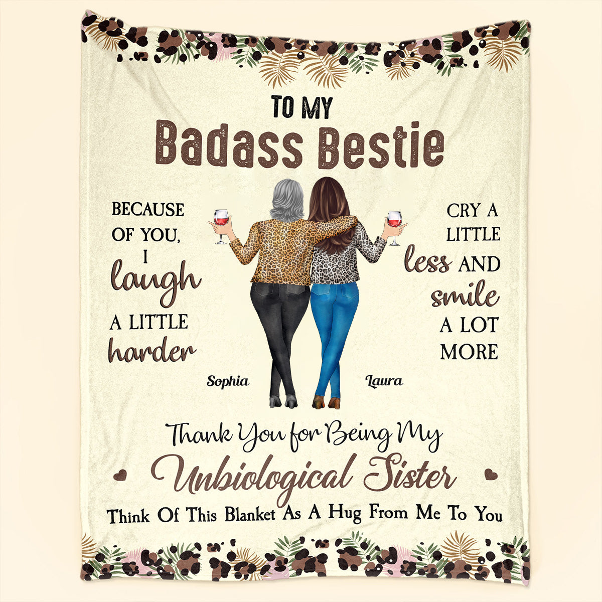 To My Badass Bestie Fleece Blanket, Personalized Friendship Hug Throw, Cute Leopard Floral Design, Creative Gift