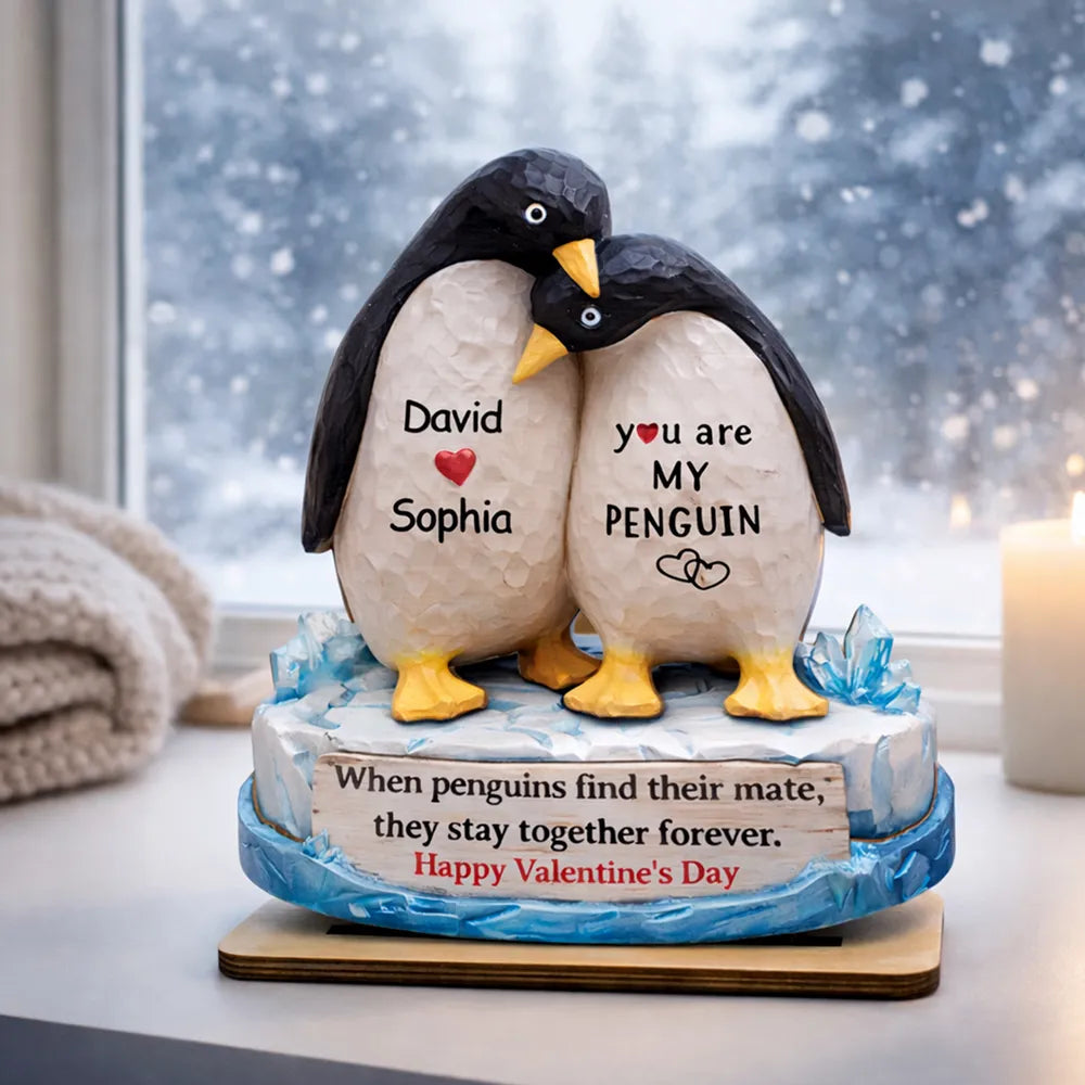 Personalized 2-Layer Wooden Plaque Penguin Couple Hugging for Valentine's Day, a Unique Romantic Gift for Him or Her