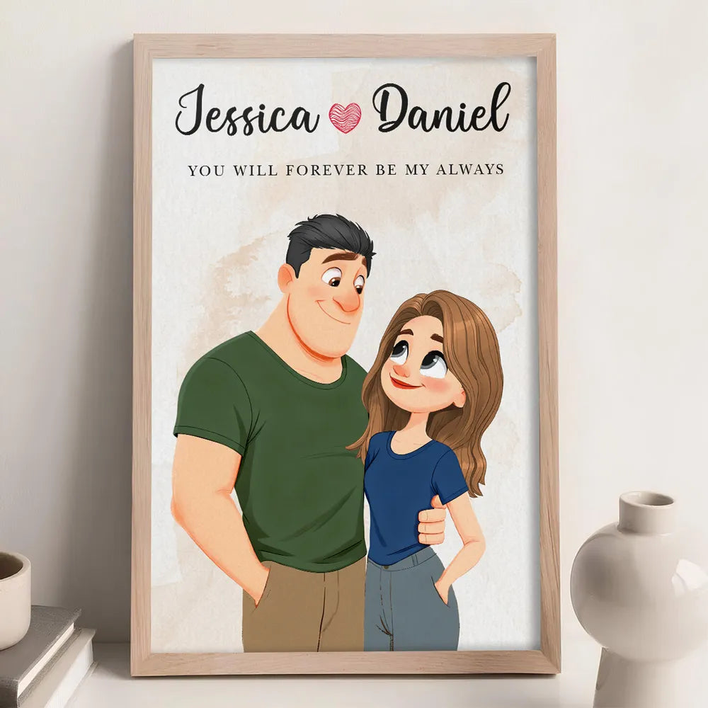 Personalized Couple Cartoon Poster With Names, Hugging Illustration, Always And Forever Wall Decor, Unique Gift for Couples