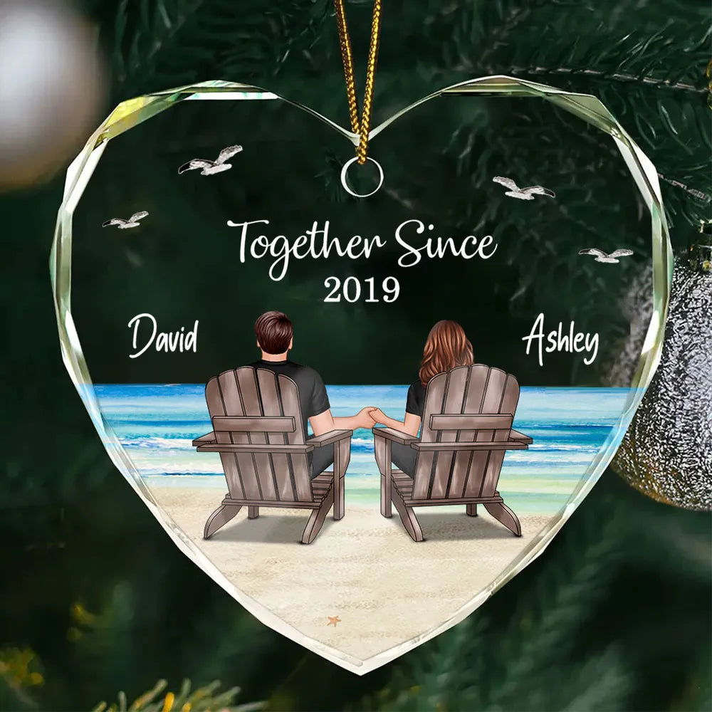 Crystal Heart Ornament with Couple Beach Back View, A Romantic Gift for Loved Ones