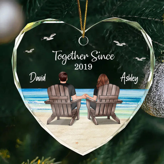 Crystal Heart Ornament with Couple Beach Back View, A Romantic Gift for Loved Ones