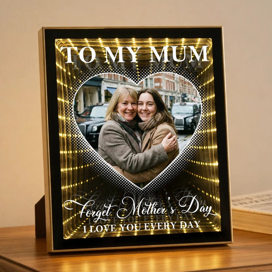 Infinity Mirror Light Box for Mom - Heart Photo Tunnel Glow, Warm Golden Lights, Unique Mother's Day Gift
