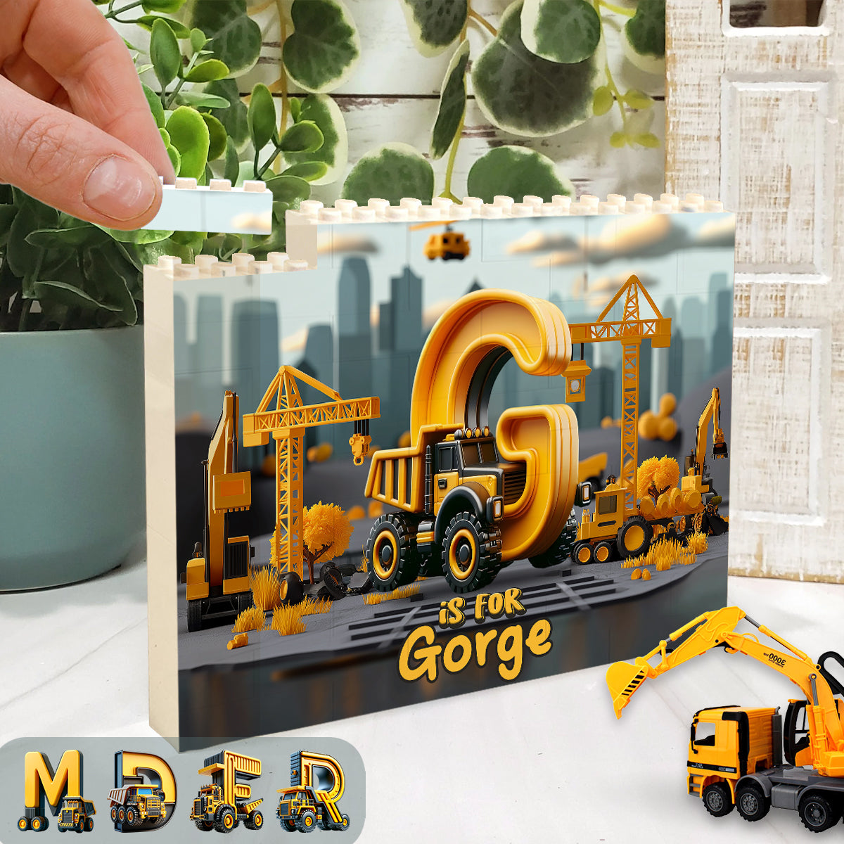 Construction Vehicles Letters - Personalized Kid One-sided Horizontal Rectangle Building Brick Blocks