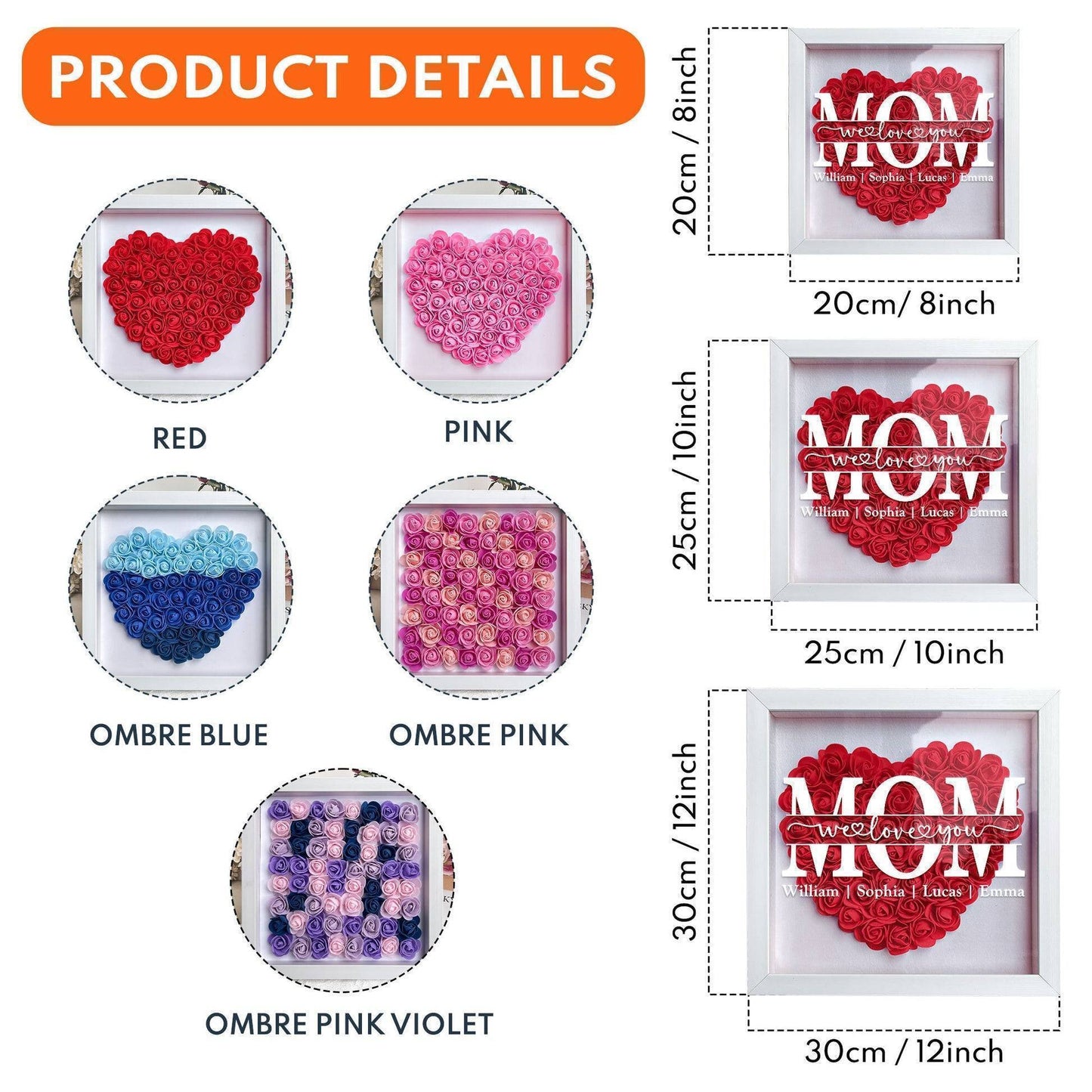 MOM We Love You Shadow Box, Personalized Heart Rose Keepsake for Mom, Meaningful Family Memory Gift for Her
