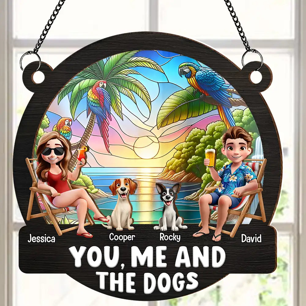 "You, Me and The Dogs" Personalized Ornament – Tropical Sunset Wood & Acrylic Layered Couple Gift