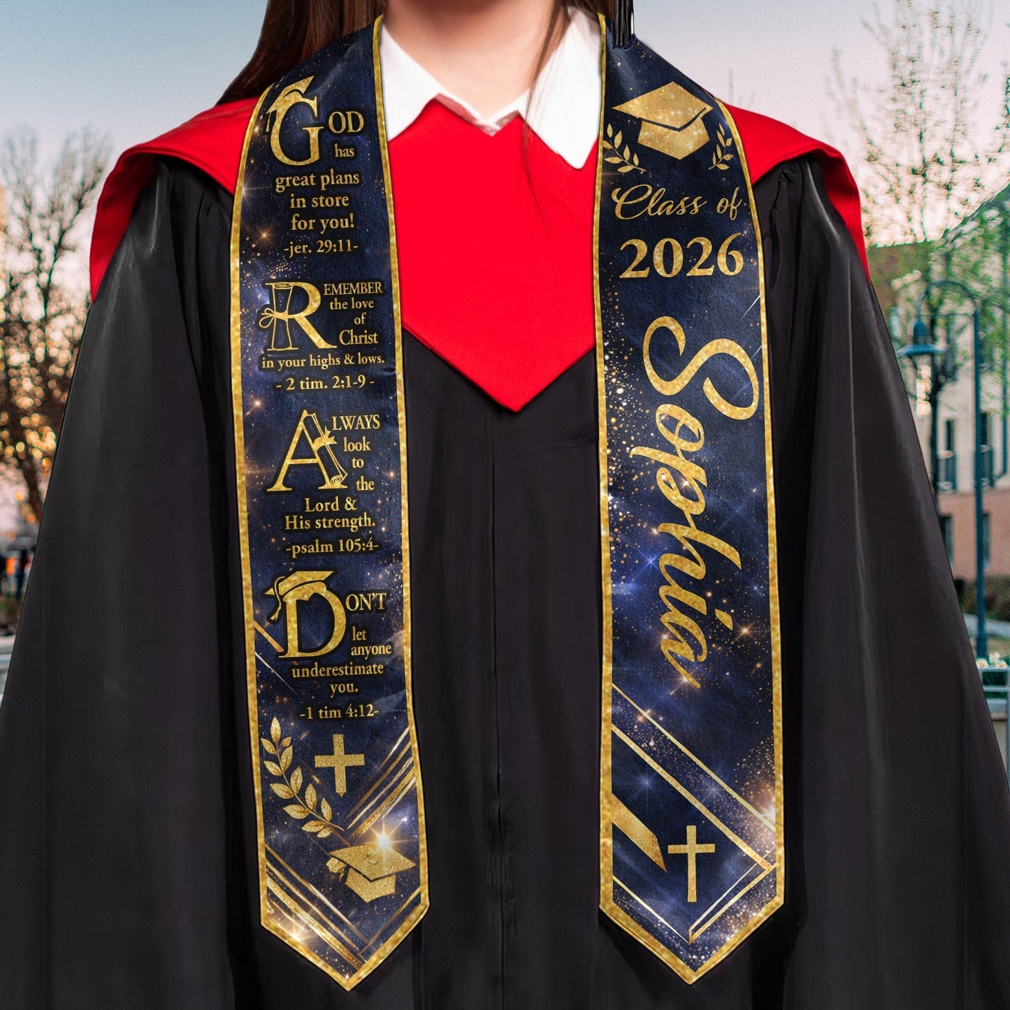 Personalized Graduation Polyester Satin Stole with Faith Quote, Navy Gold Starry Design, Unique Gift for a Graduate