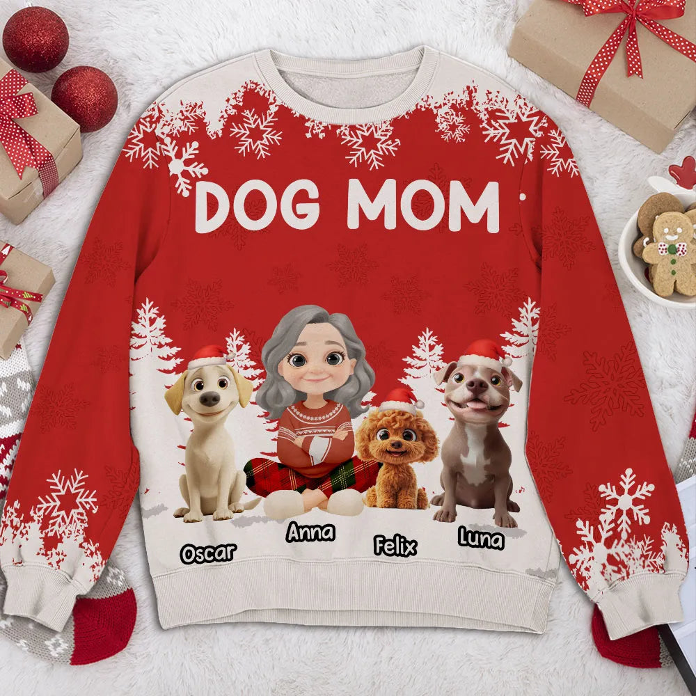 Personalized Dog Mom Printed Sweatshirt with Cartoon Portrait & Puppy, Festive Snowflake Design, Unique Christmas Gift for Pet Lovers