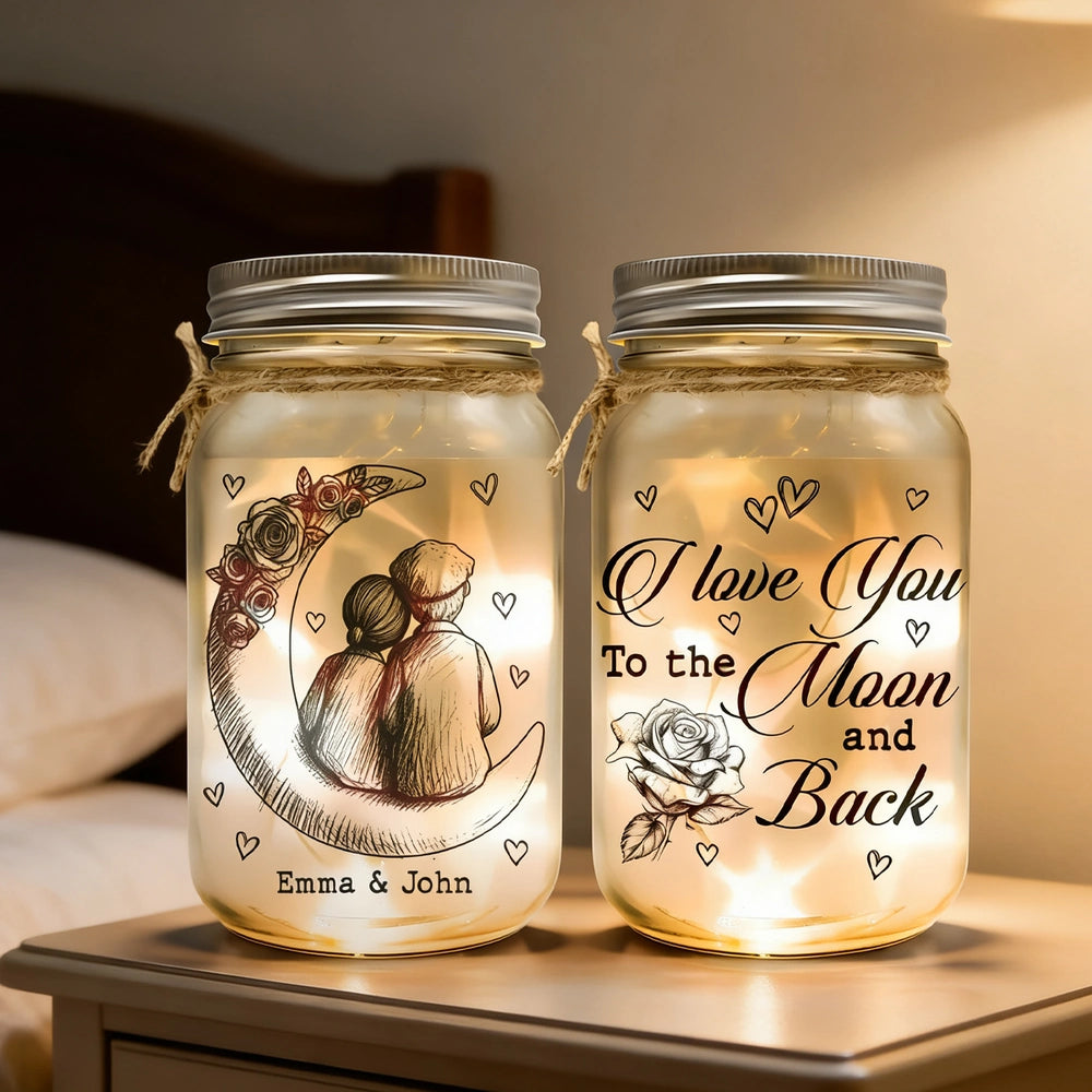 Personalized Glass Mason Jar Light with Moon Couple Design – Romantic I Love You To The Moon And Back Unique Gift