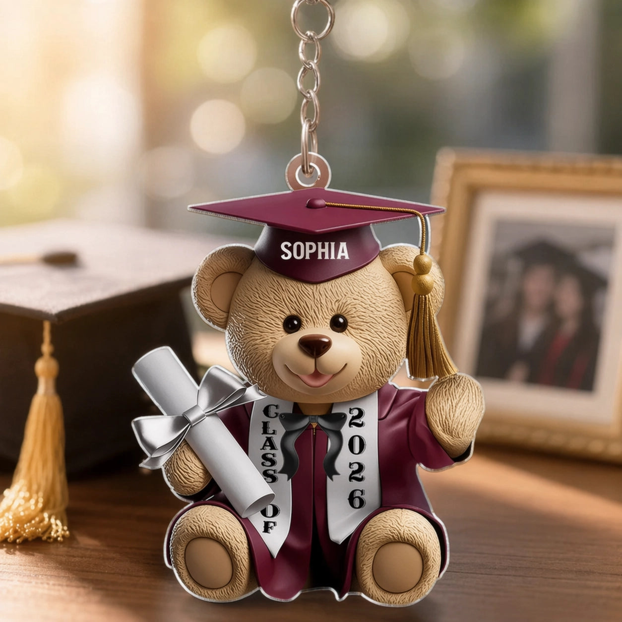 Acrylic Keychain Cute Graduation Bear with Cap and Diploma - Personalized Gift That Feels So Special