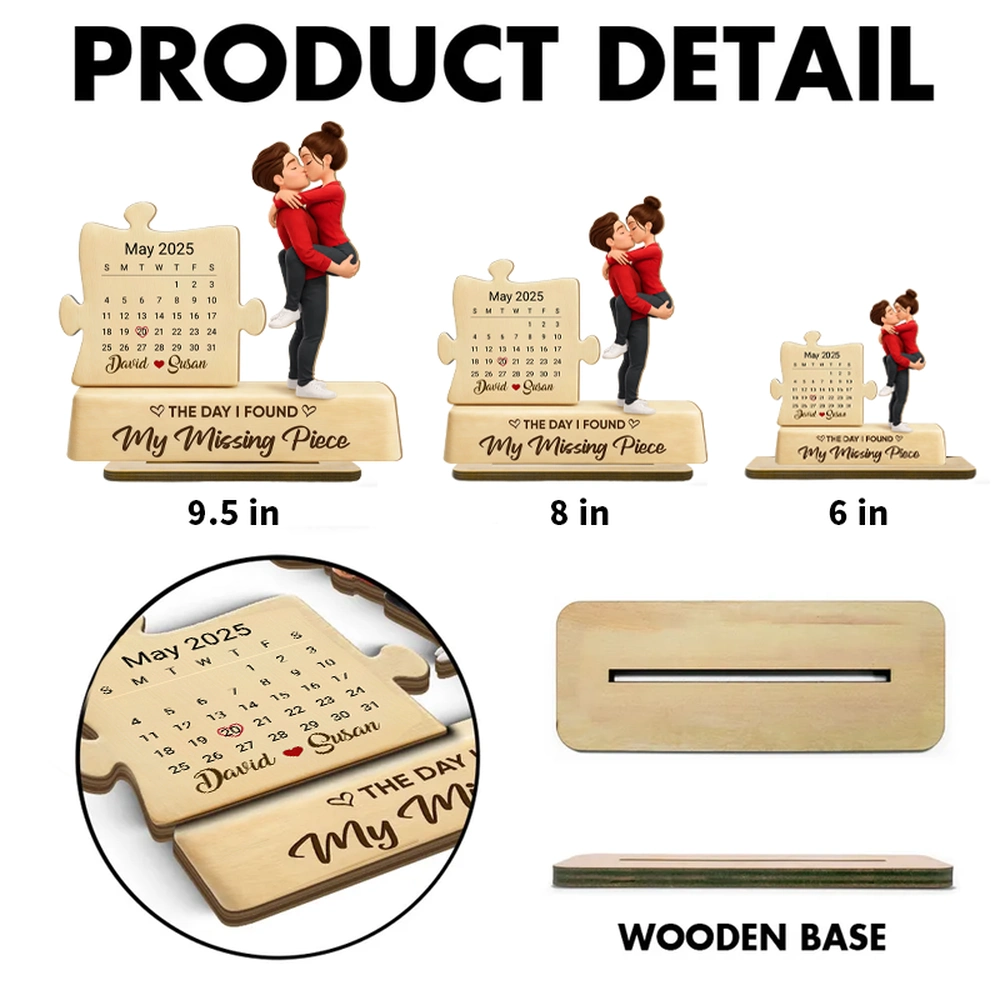 Personalized 2-Layer Wooden Plaque Couple Kissing with Calendar Puzzle - Unique Anniversary Gift for Him or Her