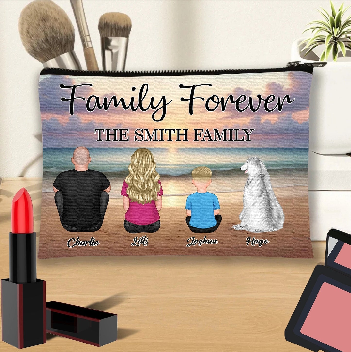 Family Forever Beach Design - Personalized Men's Wallet, Wooden Carhanger, LED Plaque, Keychain, Poster, Wallet Card, and Pillow, Unique Gift