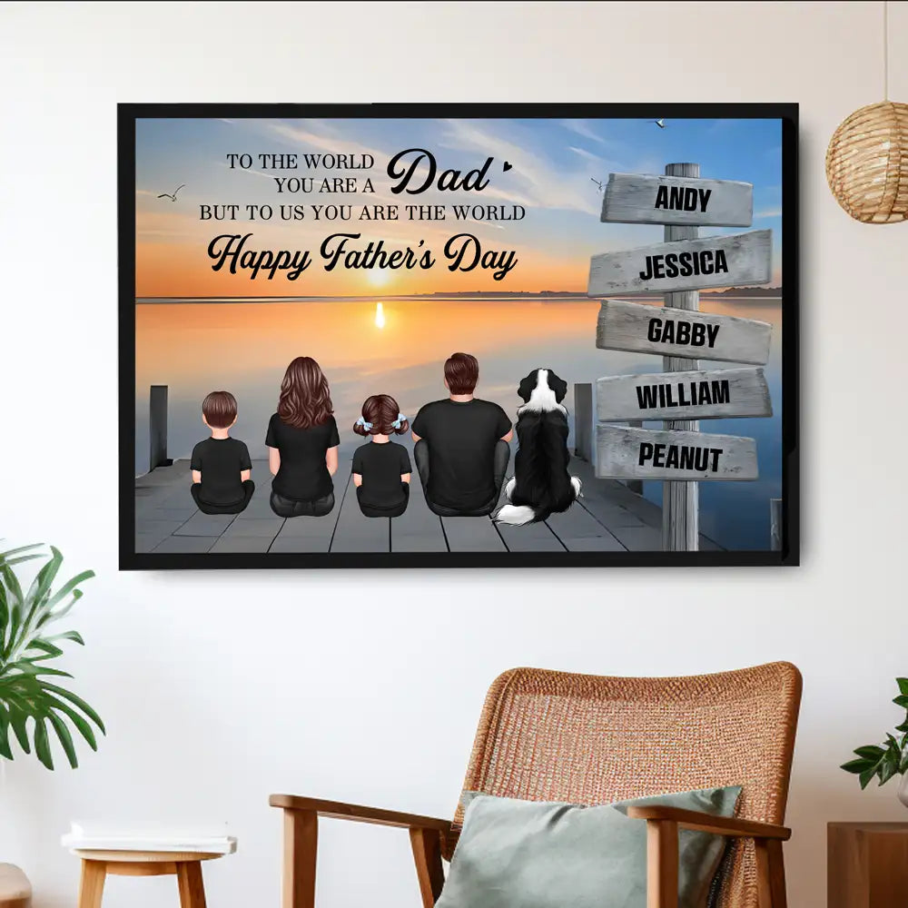 Custom Back‑View Family Canvas – Dad Is Our World Quote, Signpost with Names, Heartfelt Gift for Husband or Son