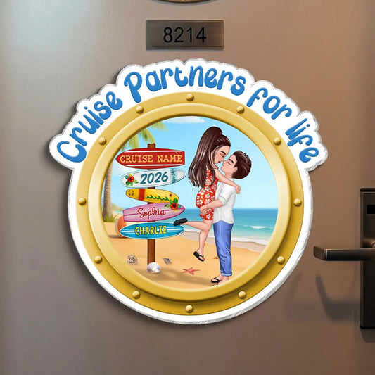 Personalized Cruise Partners For Life Acrylic Magnet, Couple Kissing on a Beach Porthole, Unique Cruise Door Gift
