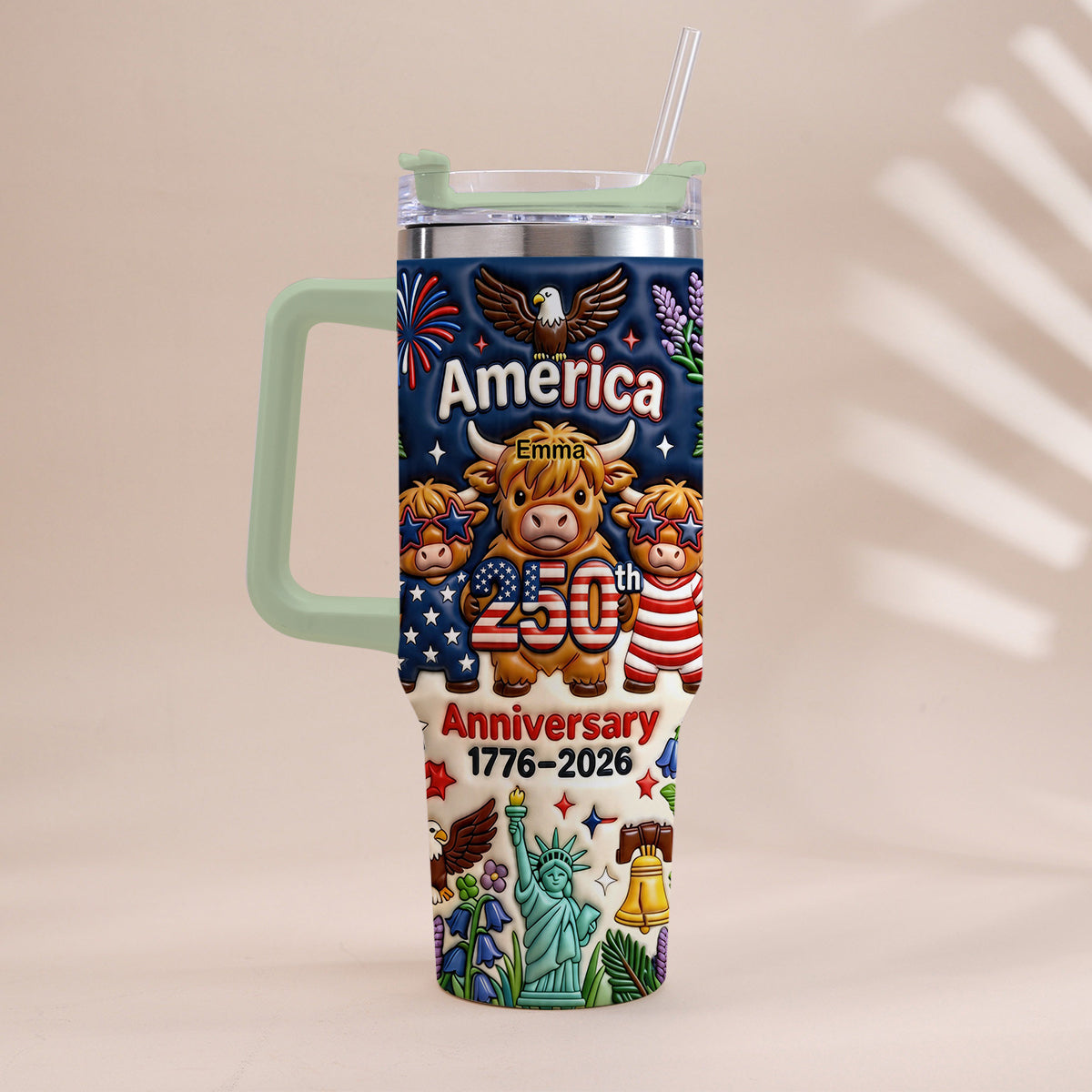 Cute Highland Cow America 250th Anniversary - Personalized Highland Cow Tumbler With Handle