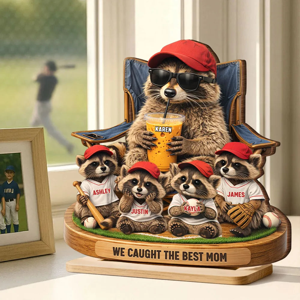 Personalized 2-Layer Wooden Plaque, Funny Raccoon Baseball Dad Scene, Unique Father's Day Gift
