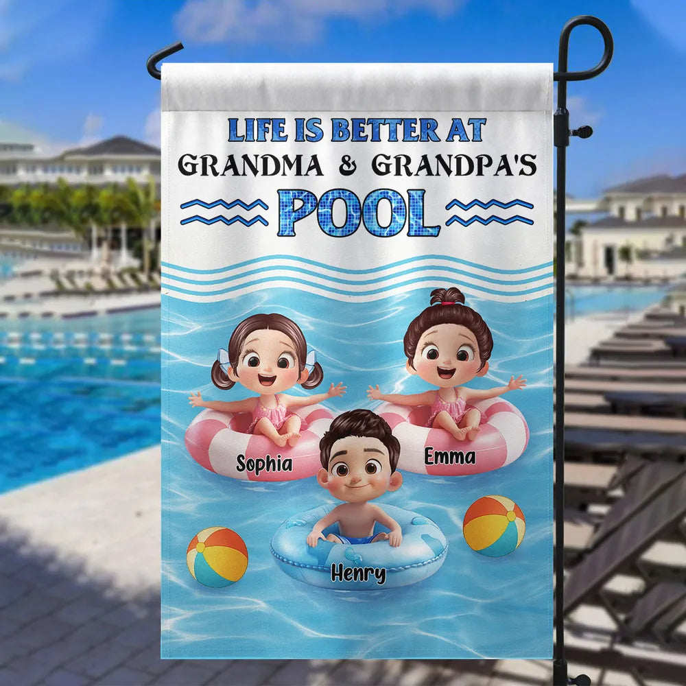 Life Is Better At Grandma & Grandpa’s Pool – Personalized Garden Flag with Kids in Floaties – Summer Gift for Grandparents