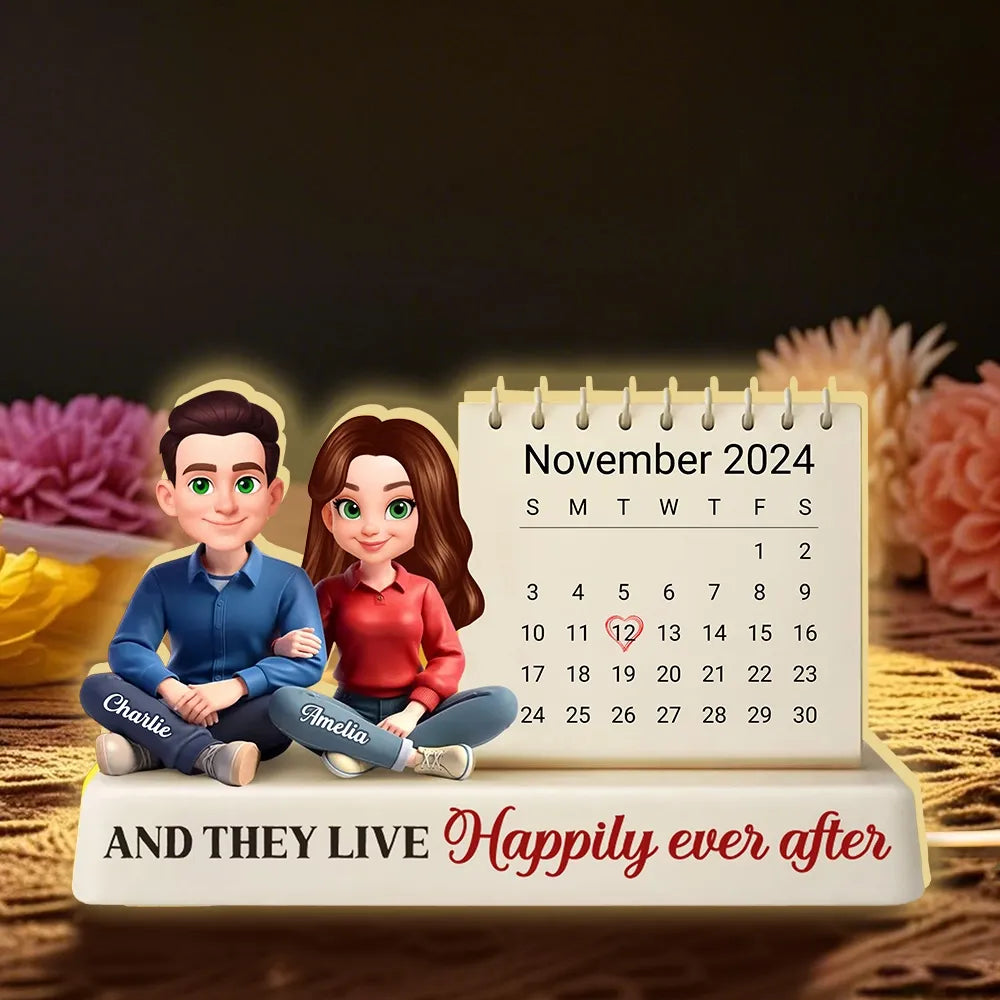 Personalized Acrylic Light Box Calendar With Cute Couple Illustration For Bedroom Decor, Warm Glow Unique Gift For Couples