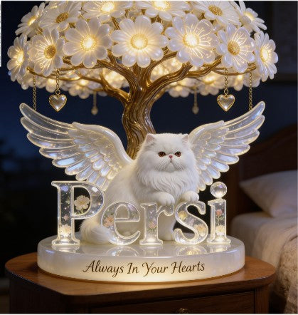 Custom Always In Our Hearts Angel Wings Figurine, Personalized Persian Cat Memorial Tree Lamp Statue, Pet Loss Sympathy Remembrance Night Light