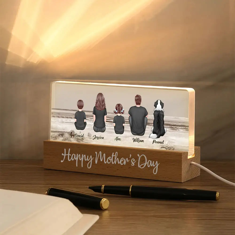 Family Sitting Back View Retro Vintage Beach Landscape Block LED Light Plaque, Mother's Day Gift Featuring Children and Pets