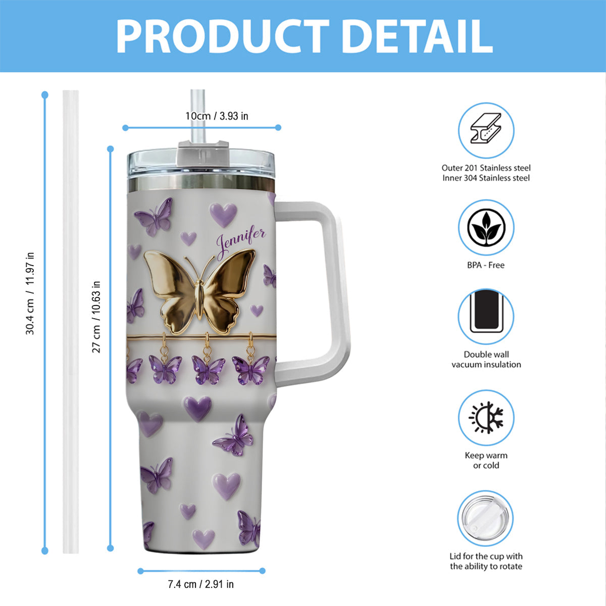Love Butterfly - Personalized Butterfly Tumbler With Handle