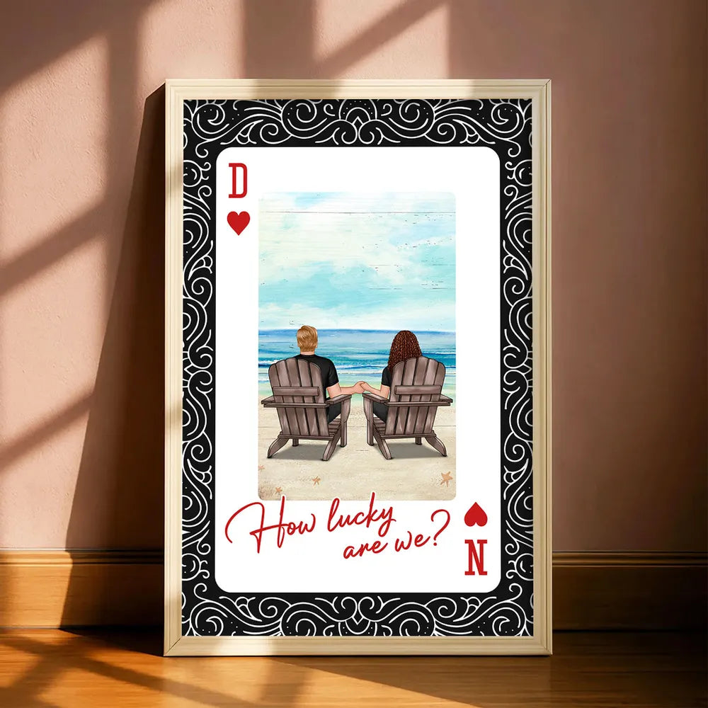 How Lucky Are We Poster, Personalized Couple Beach Sunset Wall Art, Romantic Gift For Couples And New Home Decor