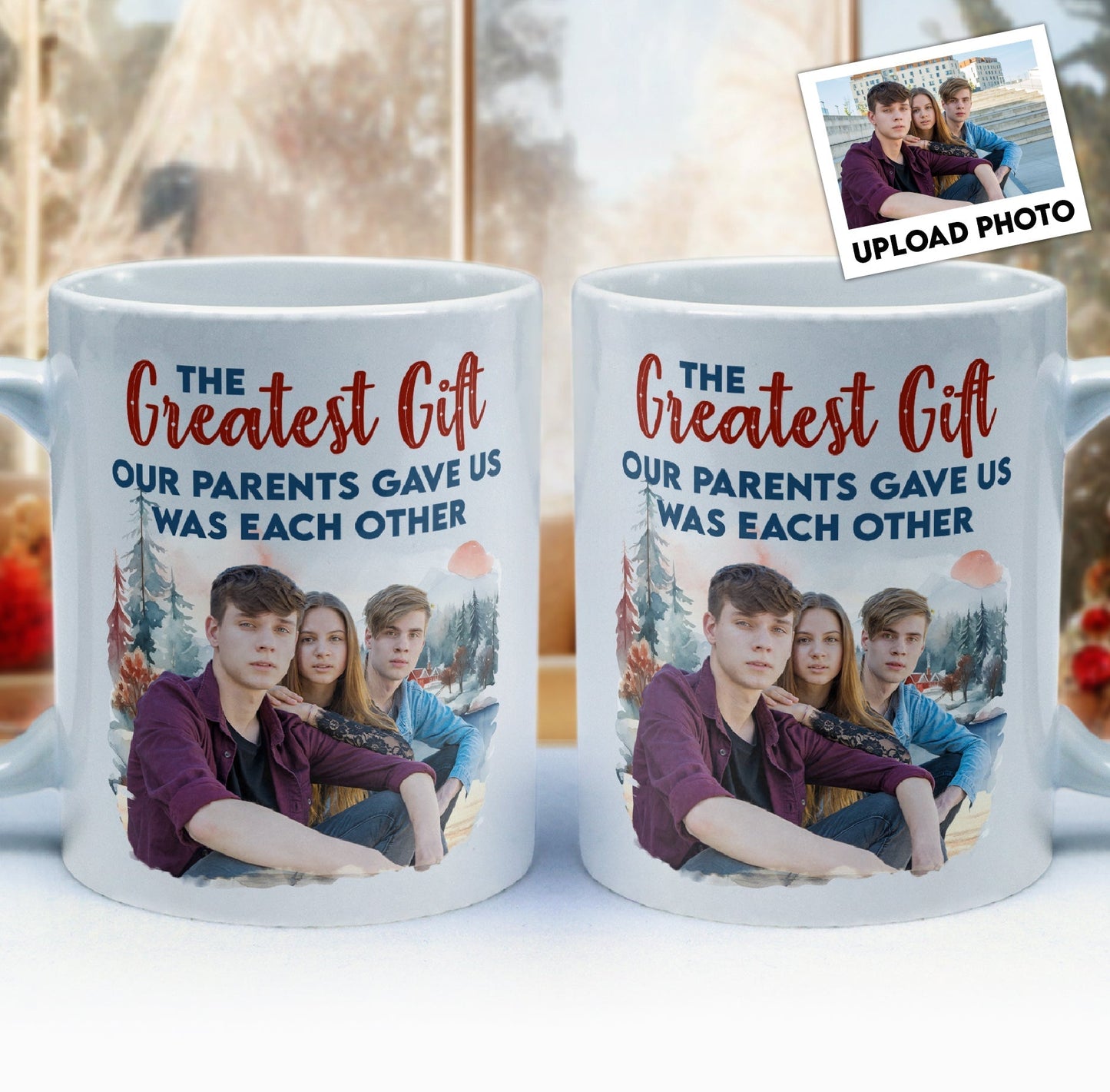 Family Mug with Illustration & Quote, siblings sitting in a snowy mountain scene, a unique gift for Mom & Dad