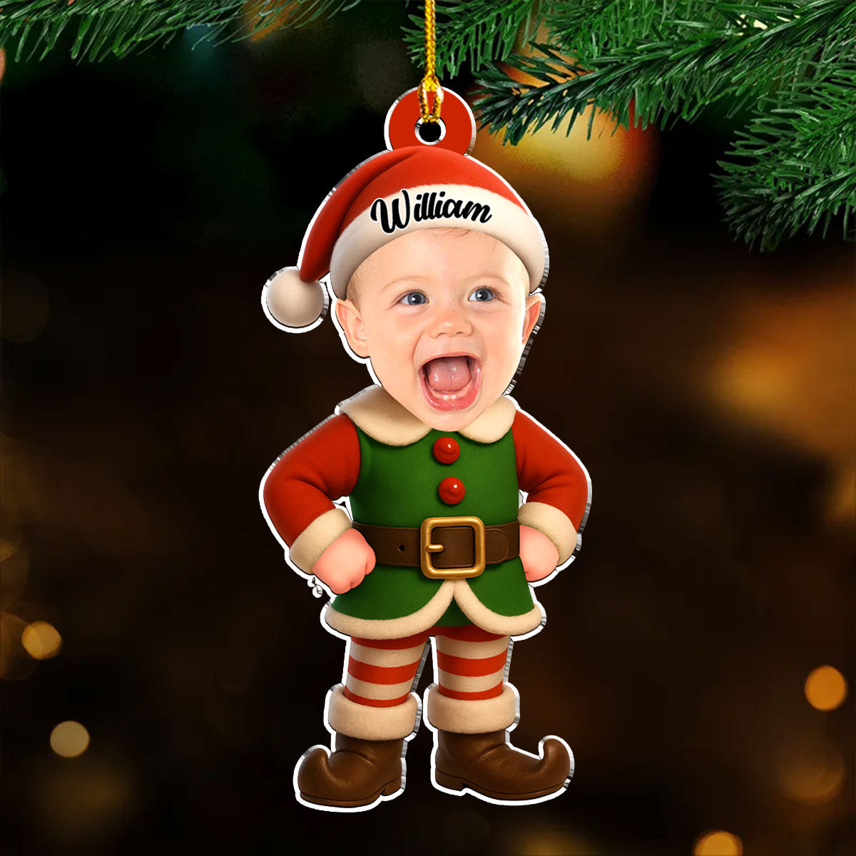 Acrylic Ornament - Personalized Little Elf with Surprised Face, Christmas Tree Decor, unique gift for Mom, Dad & Grandparents