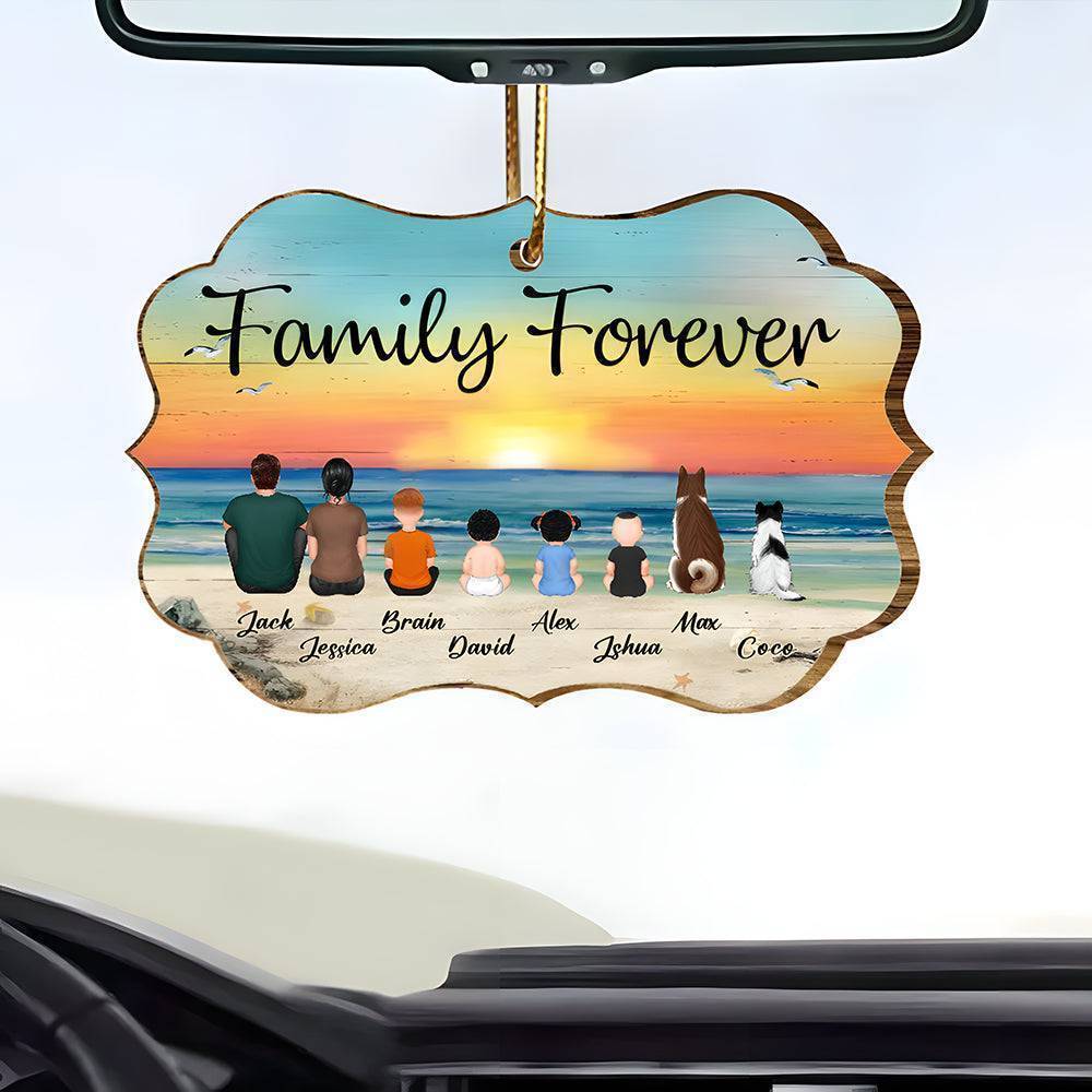 "Beach Landscape Family Sitting Back View Acrylic Or Wooden Car Hanger, Perfect Gift for Father's Day, for Dad or Grandpa"