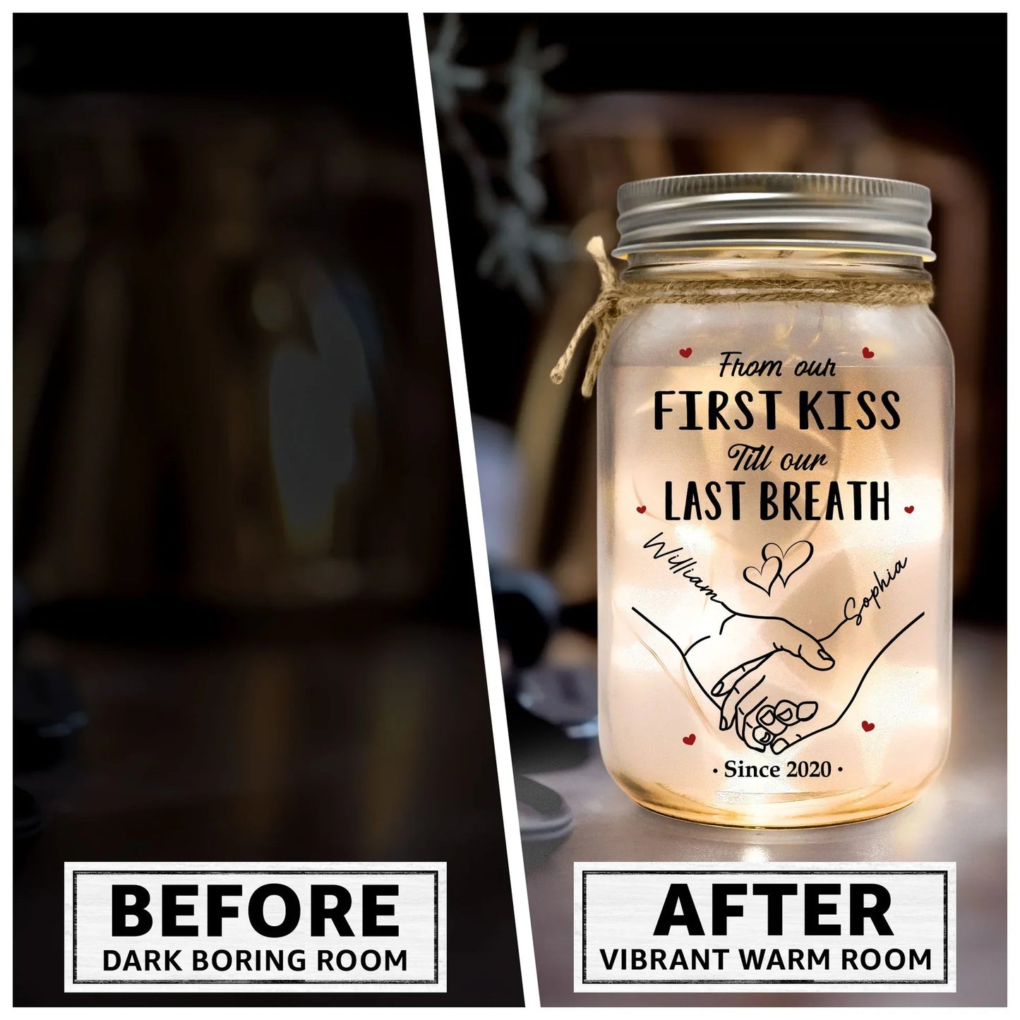 Personalized Glass Mason Jar Light Holding Hands Love Quote Decor - Unique Romantic Gift for Couples
