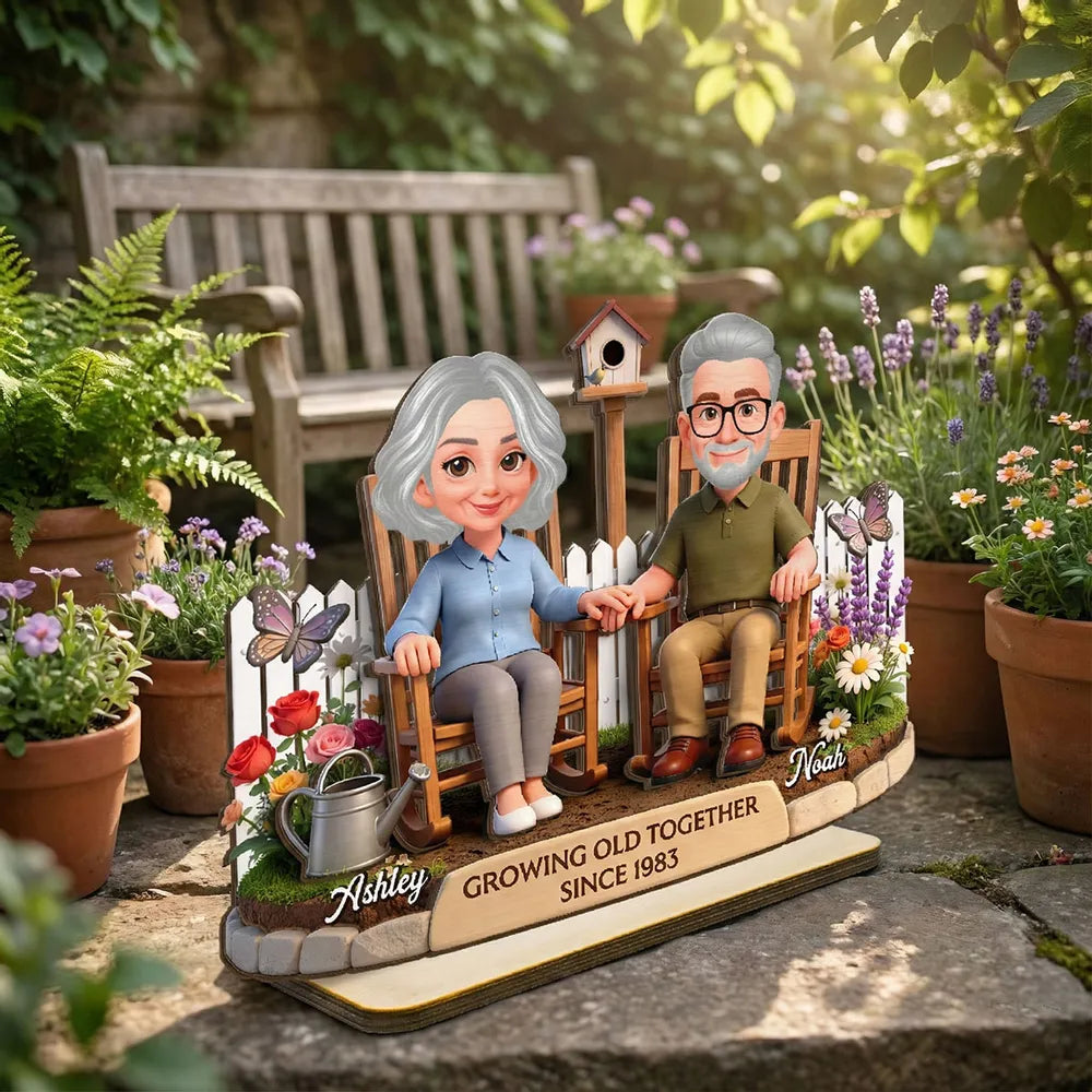 Personalized 2-Layer Wooden Plaque with Couple in Garden Rocking Chairs, Growing Old Together Unique Gift for Husband or Wife
