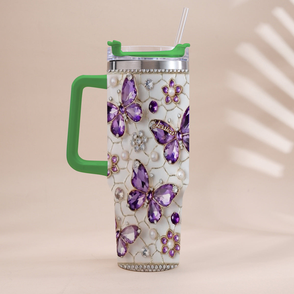 Love Butterflies - Personalized Butterfly Tumbler With Handle
