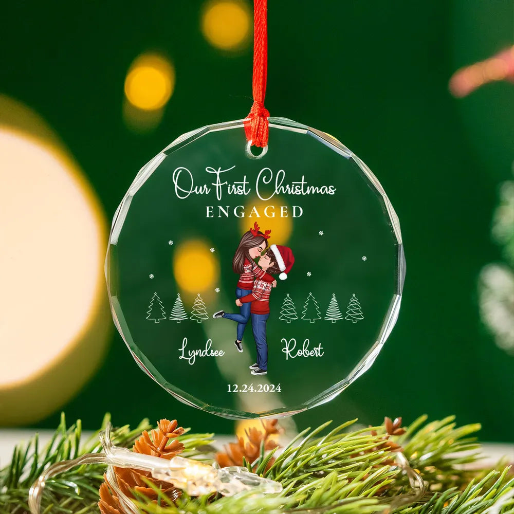 Our First Christmas Engaged Married, Newly Engaged Married Couple Personalized Glass Ornament