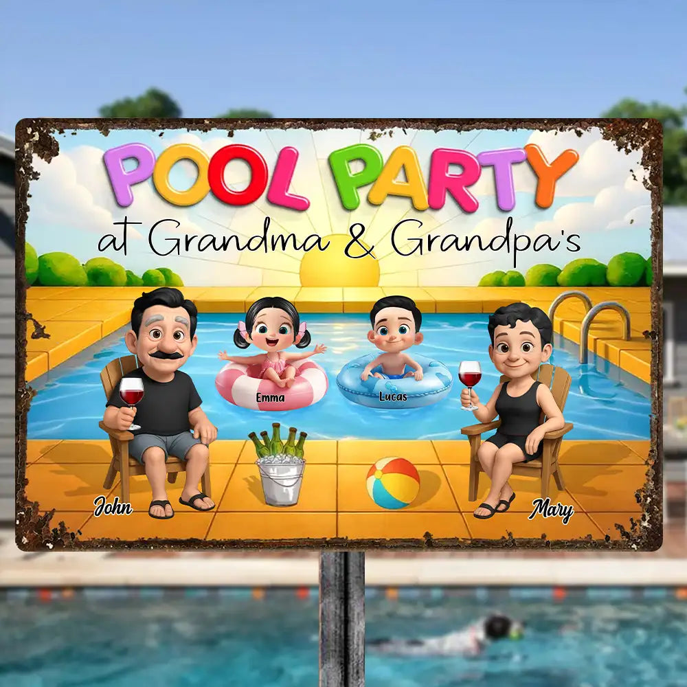 Summer Pool Party Vibes – Personalized Iron Sign with Family Illustration, Gift for Grandma & Grandpa