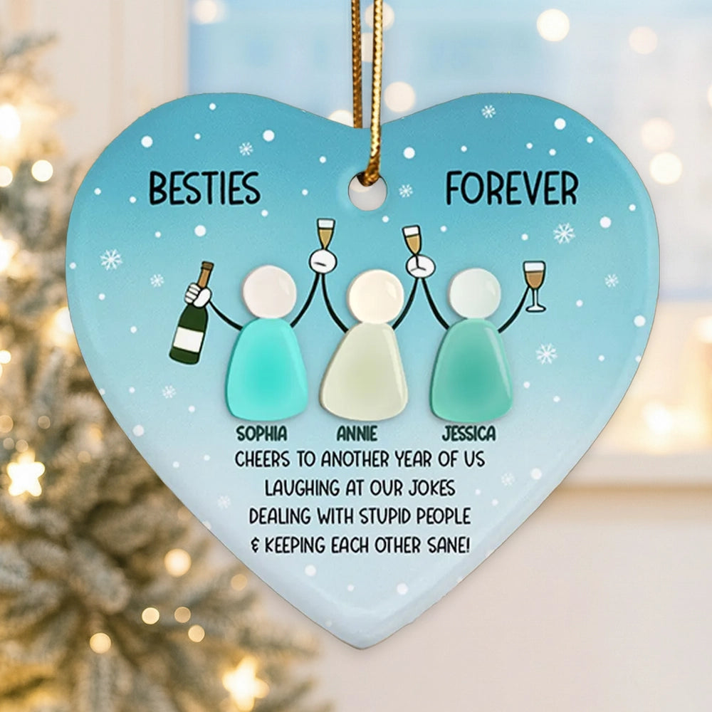 Personalized Besties Heart Ornament – Double-Layer Ceramic & Acrylic Design with Sea-Glass Look, Friendship Holiday Gift