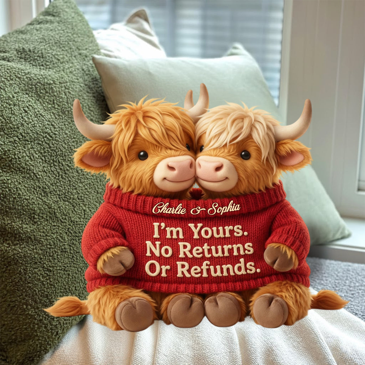 I'm Yours. No Returns Or Refunds - Personalized Highland Cow Faux Fur Shaped Pillow