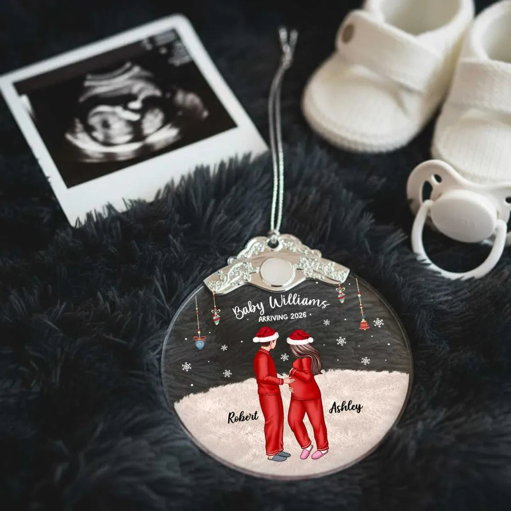 Personalized Silver Capped Glass Ornament for Expecting Parents with Pets, Cozy Christmas Keepsake, Unique Family Gift