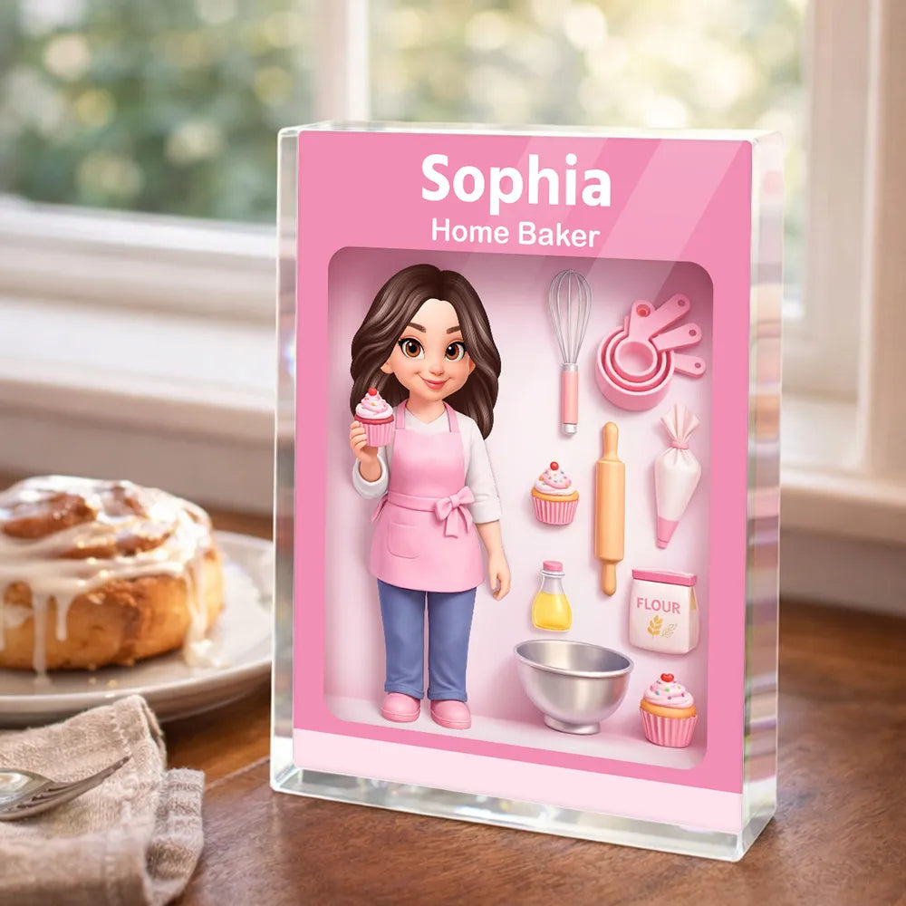 Personalized Home Baker Rectangle Acrylic Block Plaque for Kitchen Desk Decor, Sweet Pink Baking Scene, Unique Gift for Bakers