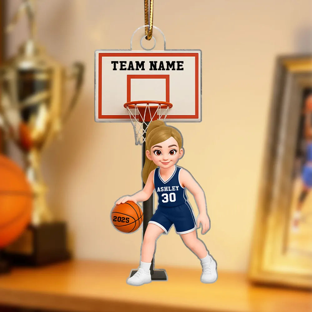 Acrylic Ornament, Cute Basketball Girl Dribbling on Indoor Court, Personalized, Creative Gift for Daughter, Player, or Coach