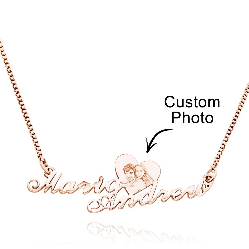 Engraved Heart Photo With Names - Personalized Couple Engraved Heart Photo Necklace