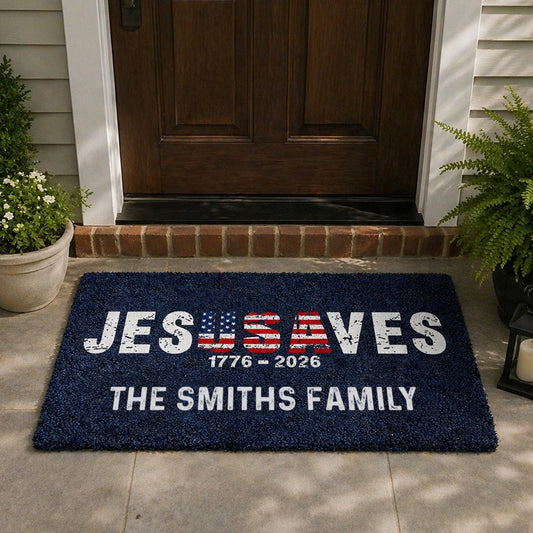 Jesus Saves 1776 - 2026 - Personalized Christian Doormat