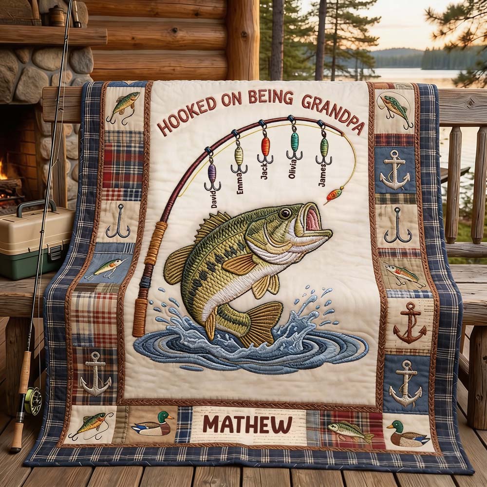 Hooked On Being Grandpa - Personalized Fishing Blanket