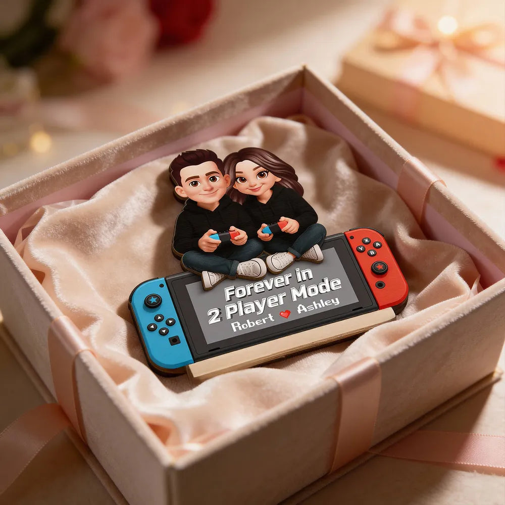2-Layer Wooden Plaque Personalized Gaming Couple Sitting with Controllers - Forever in 2 Player Mode Romantic Gift for Gamers