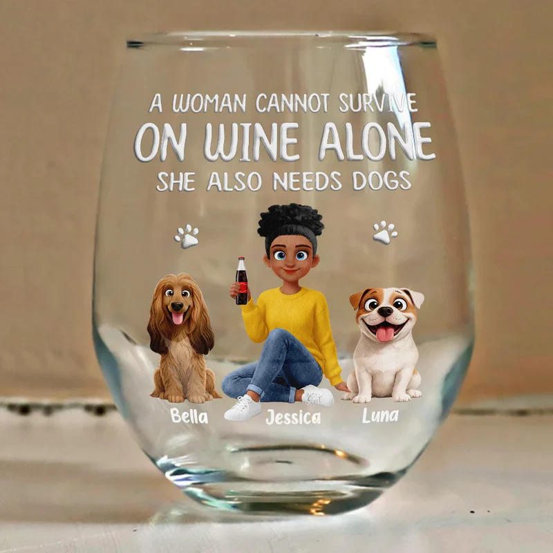 Personalized Wine Glass with Woman and Dog Cartoon - Funny Dog Mom Gift for Wine Nights