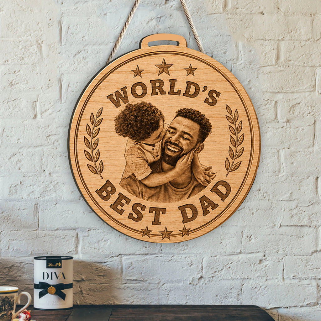 Giant Medal Funny World's Best Dad Custom Photo - Personalized Father Shaped Wood Sign With Sash